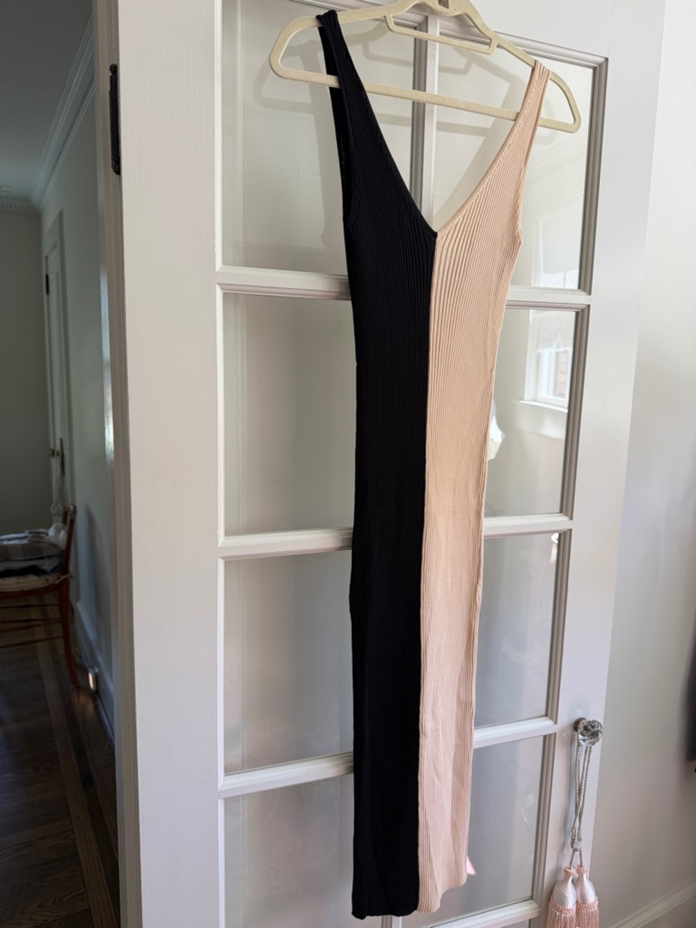 STAUD Black and Nude One-Shoulder Ribbed Maxi Dress